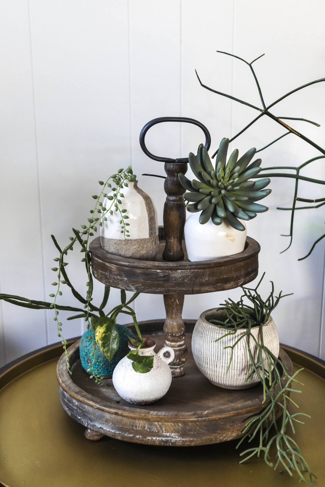 Hello Honey® 18.5" Distressed Brown Wooden 2-Tier Tray with Metal Handle
